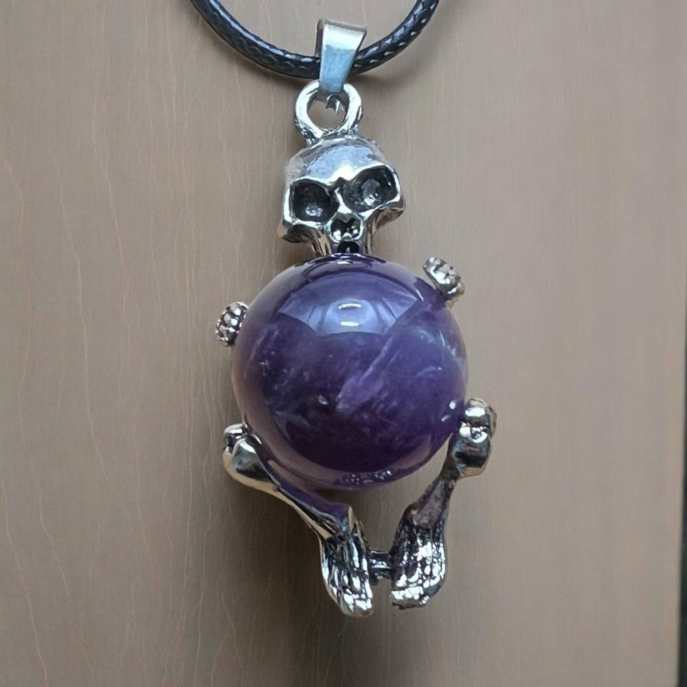 New Skull Skeleton w Amethyst Crystal Ball Pendant Necklace w Black Cord